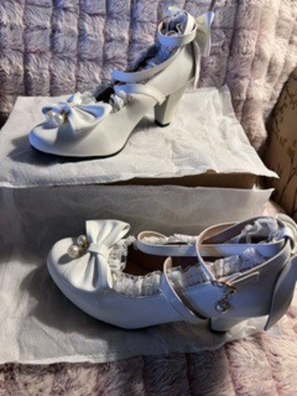 Women's White Ankle Strap Bow Pearl Heels Dress Shoes, Size 36